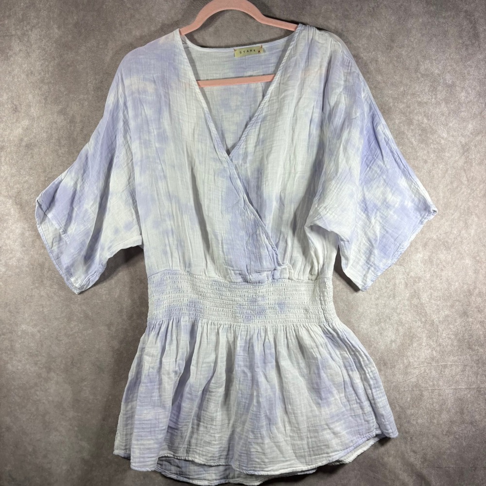 STARKx Top Womens Purple White Tie Dye Gauze Surplice Smocked Peplum Boho Kimono
